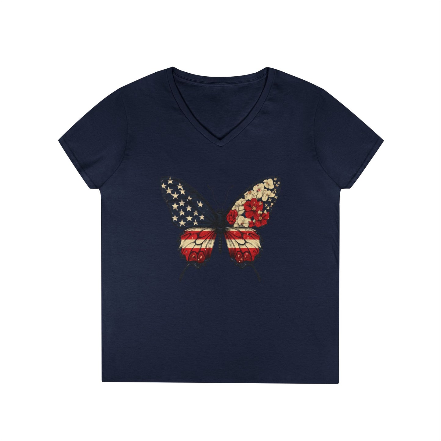 Patriotic Butterfly V-Neck T-Shirt, Summer Style, Gifts for Her, Independence Day, Casual Wear, Nature Lovers