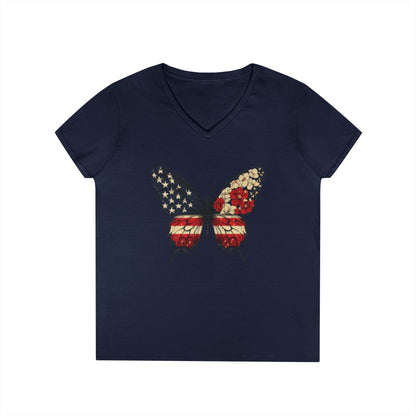 Patriotic Butterfly V-Neck T-Shirt, Summer Style, Gifts for Her, Independence Day, Casual Wear, Nature Lovers