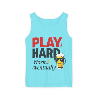 Casual Tank Top with Play Hard Print, Fun Summer Apparel, Gift for Dad or Friends, Beach Wear, Workout Top, Party Attire
