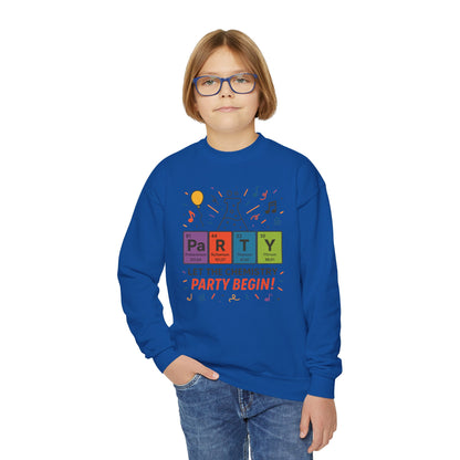 Fun Chemistry Party Youth Crewneck Sweatshirt, Gift for Science Lovers, Birthday Sweatshirt, Kids Party Apparel, Science-Themed Gift