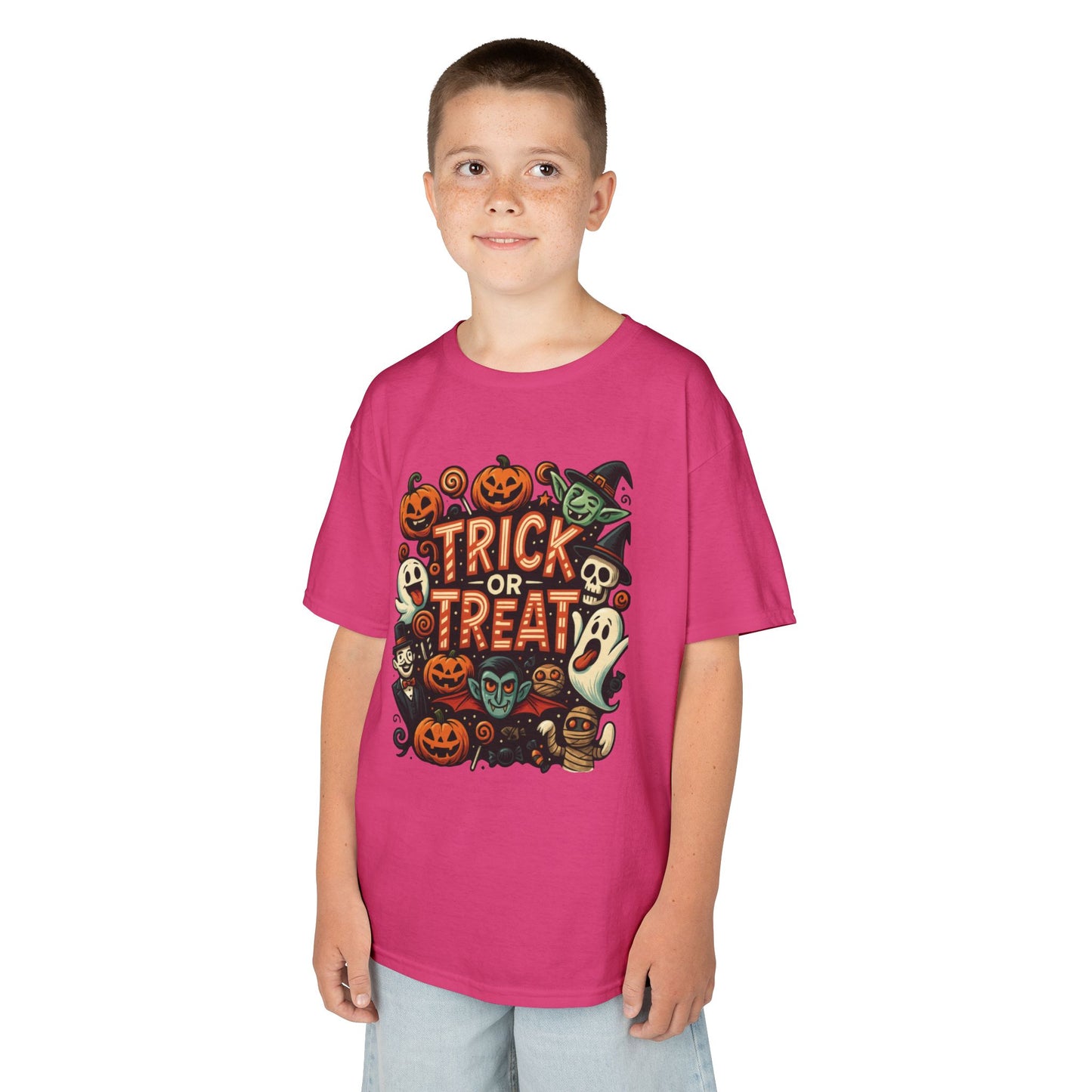 Kids Trick or Treat T-Shirt, Halloween Graphic Tee with Pumpkins, Ghosts & Vampires, Fun Spooky Shirt for Children