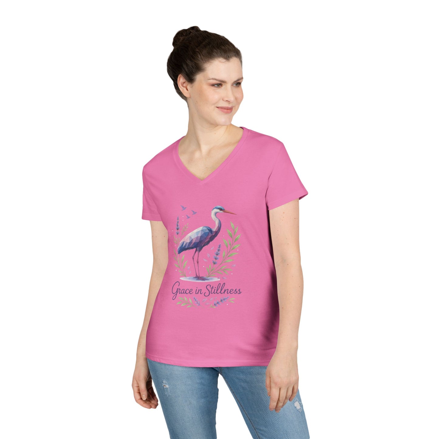 Ladies' V-Neck T-Shirt with Heron Design - Grace in Stillness, Relaxed Fit, Nature-Inspired Gift, Travel Tee, Summer Fashion
