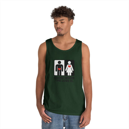 Cute Guess Where The Love Is Mens Tank, Couples Gift, Valentines Day Gift, Relationship Humor Shirt, Funny Tank for Him, Bold Love Joke Tank