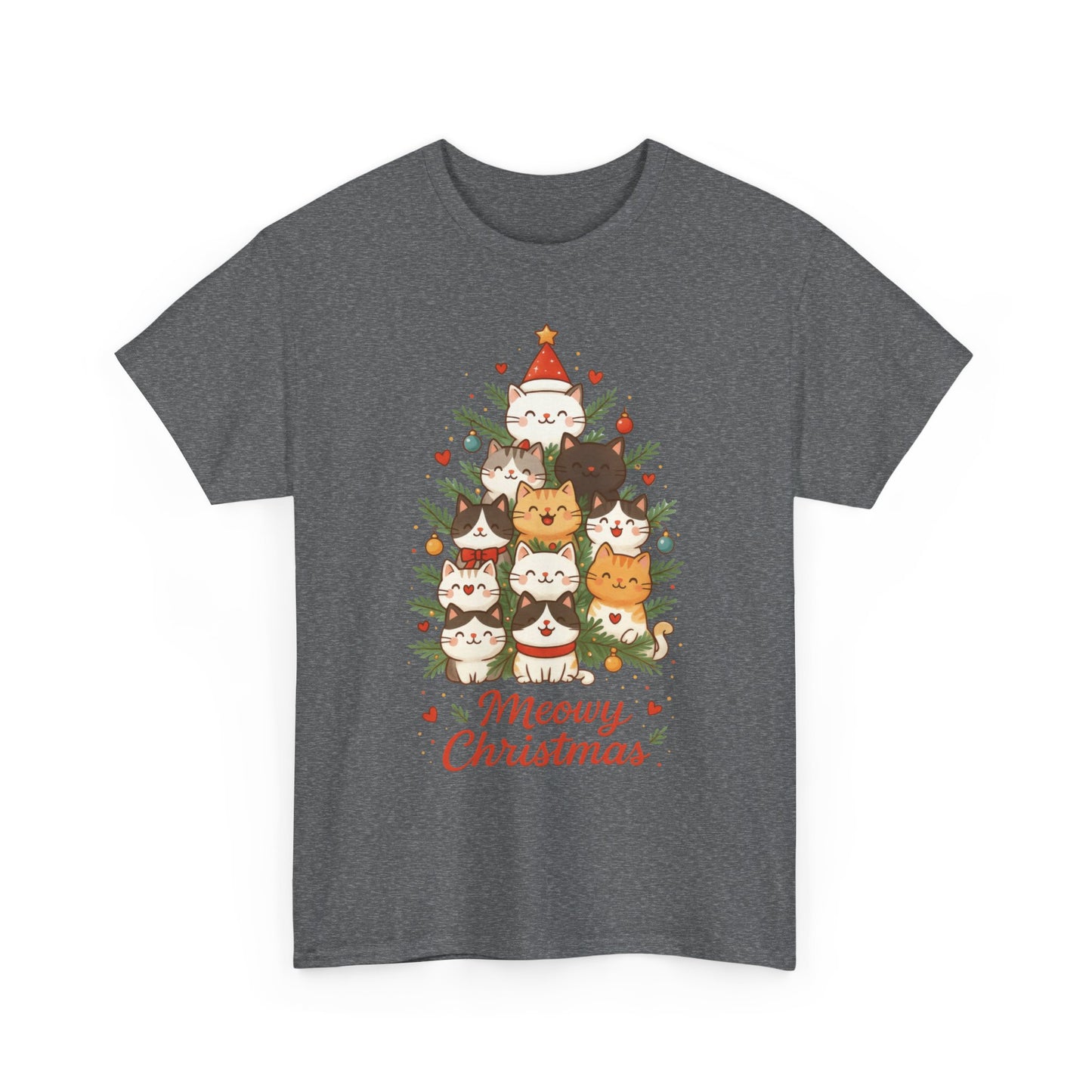Women's Meowy Christmas Cat T-Shirt, Cute Holiday Kitty Tree Tee