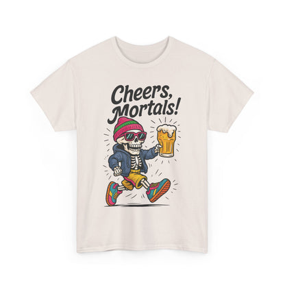 Cheers, Mortals! Mens Tee, Funny Skeleton Beer Graphic Tee, Cool Drinking Humor Shirt, Party Gift for Him, Halloween Tee,  Beer Lovers Gift