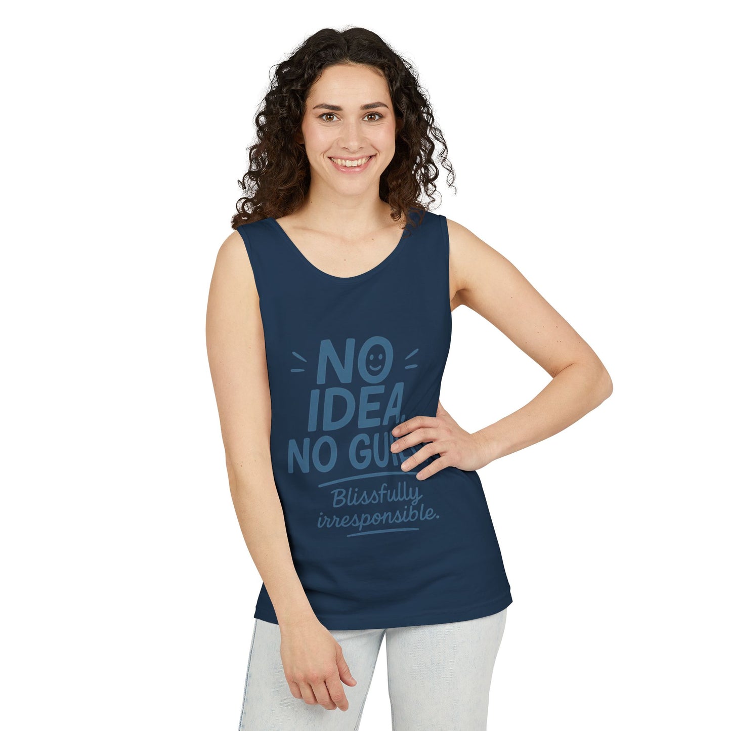 Womens No Guilt Tank Top, No Idea Funny Quote, Blissfully Irresponsible Workout Tee, Casual Sleeveless Top, Summer Activewear, Relaxed Style
