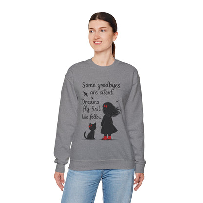 Cozy Farewell Girl & Cat Pullover, Hand Drawn Red Dress Art, Minimalist Womens Crewneck
