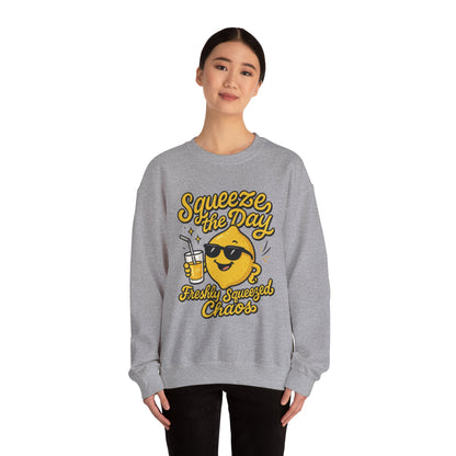 Funny Lemon Womens Sweatshirt - Squeeze The Day Freshly Squeezed Chaos Cozy Pullover - Citrus Positive Crewneck Sweatshirt, Cheerful Fashion