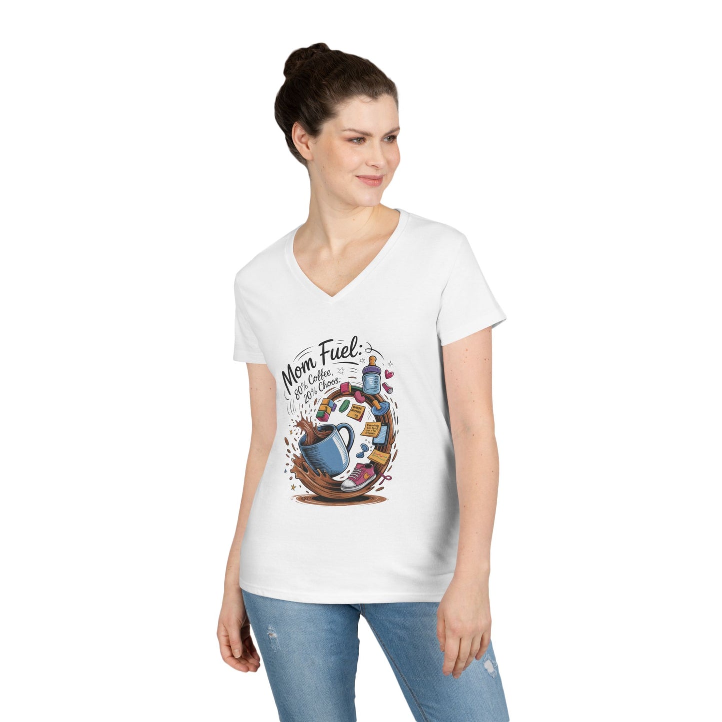 Mom Fuel V-Neck T-Shirt, Funny Coffee Lover V-Neck T-Shirt, Gift for Moms, Mother's Day, Casual Wear, Pajama Top