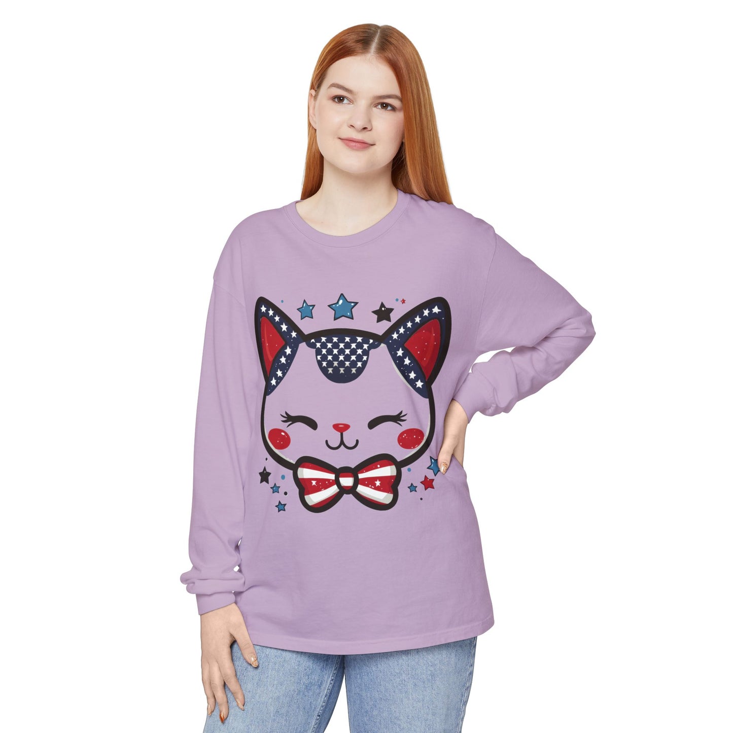 Cute Patriotic Cat Long Sleeve Women's T-Shirt, Fourth of July, Cat Lovers Gift, Casual Wear, Perfect for Holidays and Celebrations
