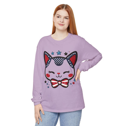 Cute Patriotic Cat Long Sleeve Women's T-Shirt, Fourth of July, Cat Lovers Gift, Casual Wear, Perfect for Holidays and Celebrations