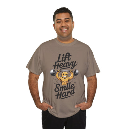 Mens Lift Heavy Smile Hard T-Shirt, Funny Gym Workout Graphic Tee, Mens Gym Tshirt