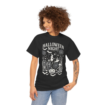 Halloween Night Women's T-Shirt, Gothic Witch Skeleton Pumpkin Tee, Spooky Scary Shirt for Halloween Party