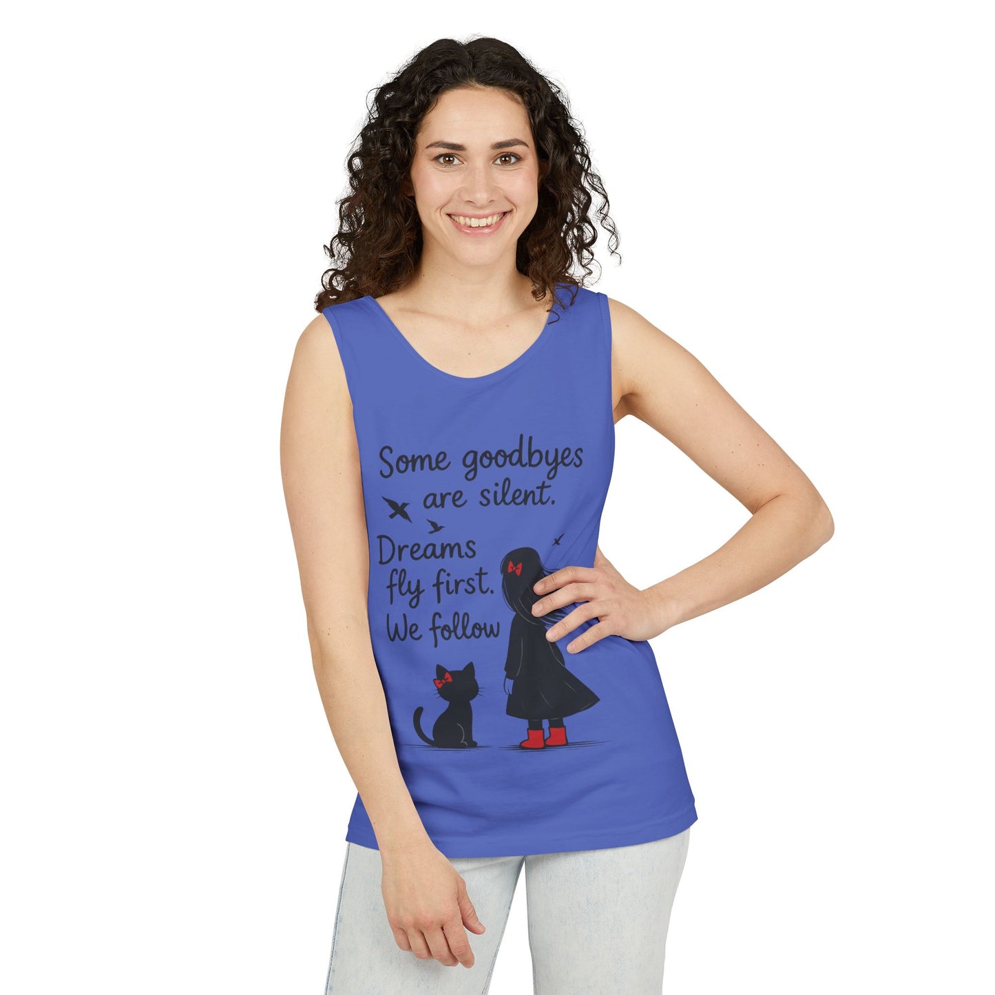 Minimalist Tank Top, Womens Tank, Girl & Cat Art Print, Emotional Lightweight Summer Shirt,  Inspirational Apparel, Cat Lover Gift