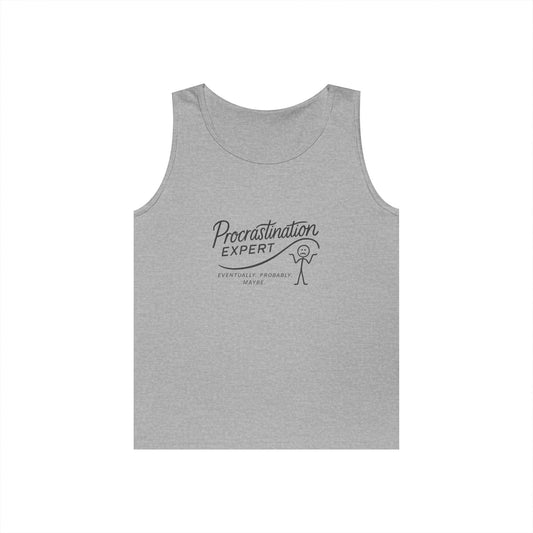 Procrastination Expert Unisex Heavy Cotton Tank Top, Funny Gift for Students, Casual Summer Wear, Relaxed Fit, Birthday Gift, Motivation Top