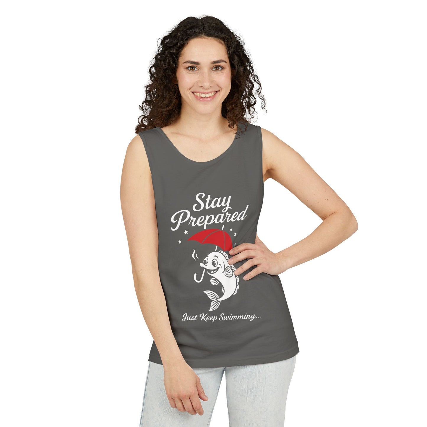 Stay Prepared Fish Womens Tank Top - Funny Just Keep Swimming Sleeveless Shirt - Cute Nautical Summer Top, Beachwear, Pool Party Must-Have
