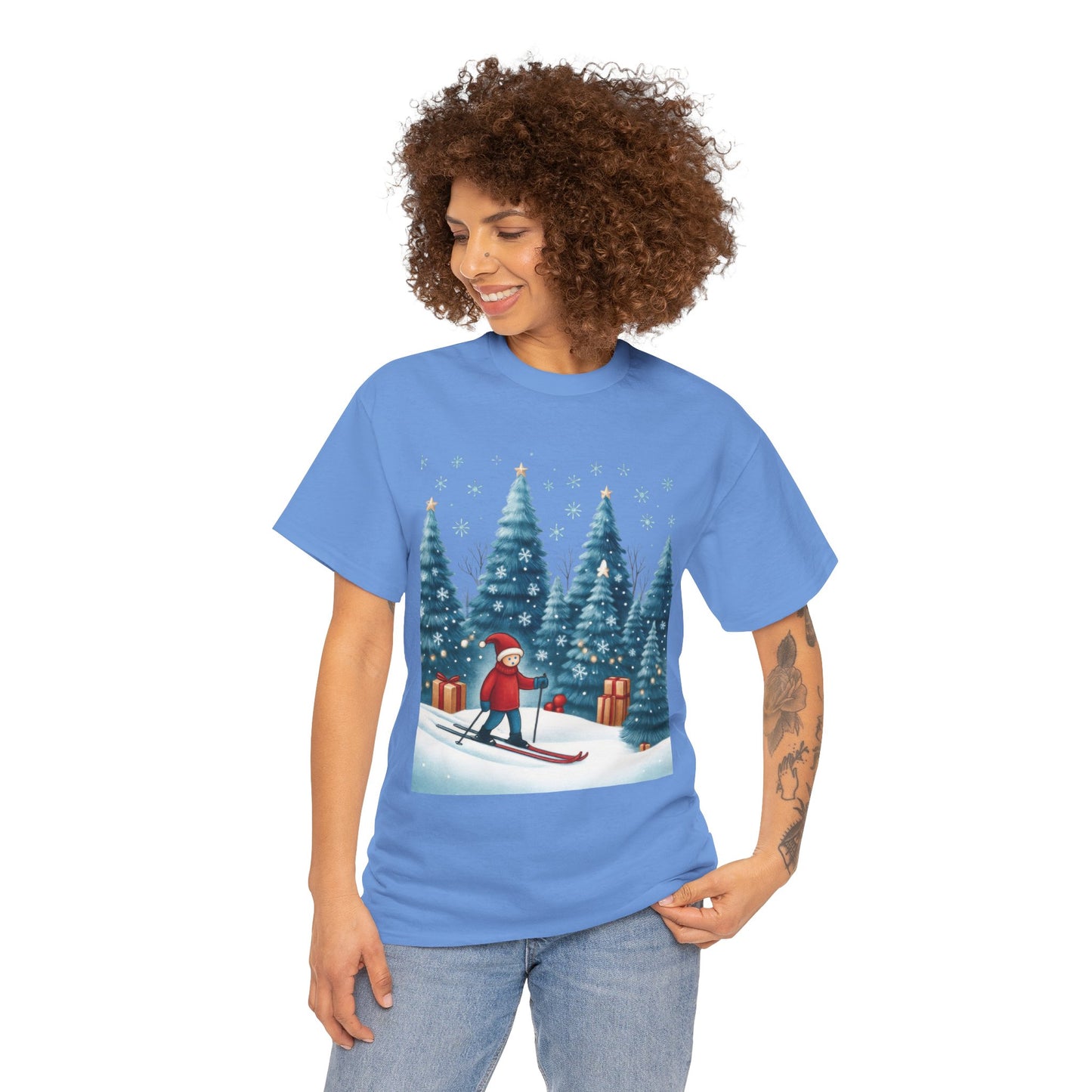 Womens Cute Winter Holiday Graphic Tee, Christmas Skiing T-Shirt, Women's Heavy Cotton Tee
