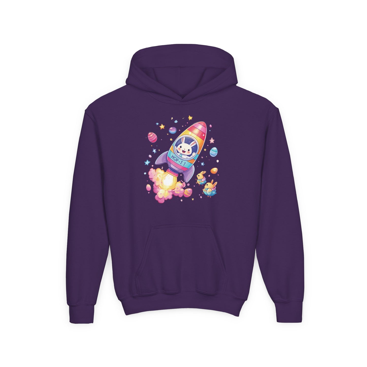 Easter Astronaut Bunny Kids Hoodie - Rocket Bunny Design with Colorful Eggs, Fun Space Adventure Sweatshirt for Spring and Holiday Gifts