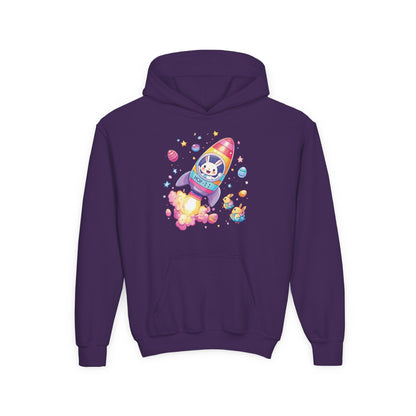 Easter Astronaut Bunny Kids Hoodie - Rocket Bunny Design with Colorful Eggs, Fun Space Adventure Sweatshirt for Spring and Holiday Gifts