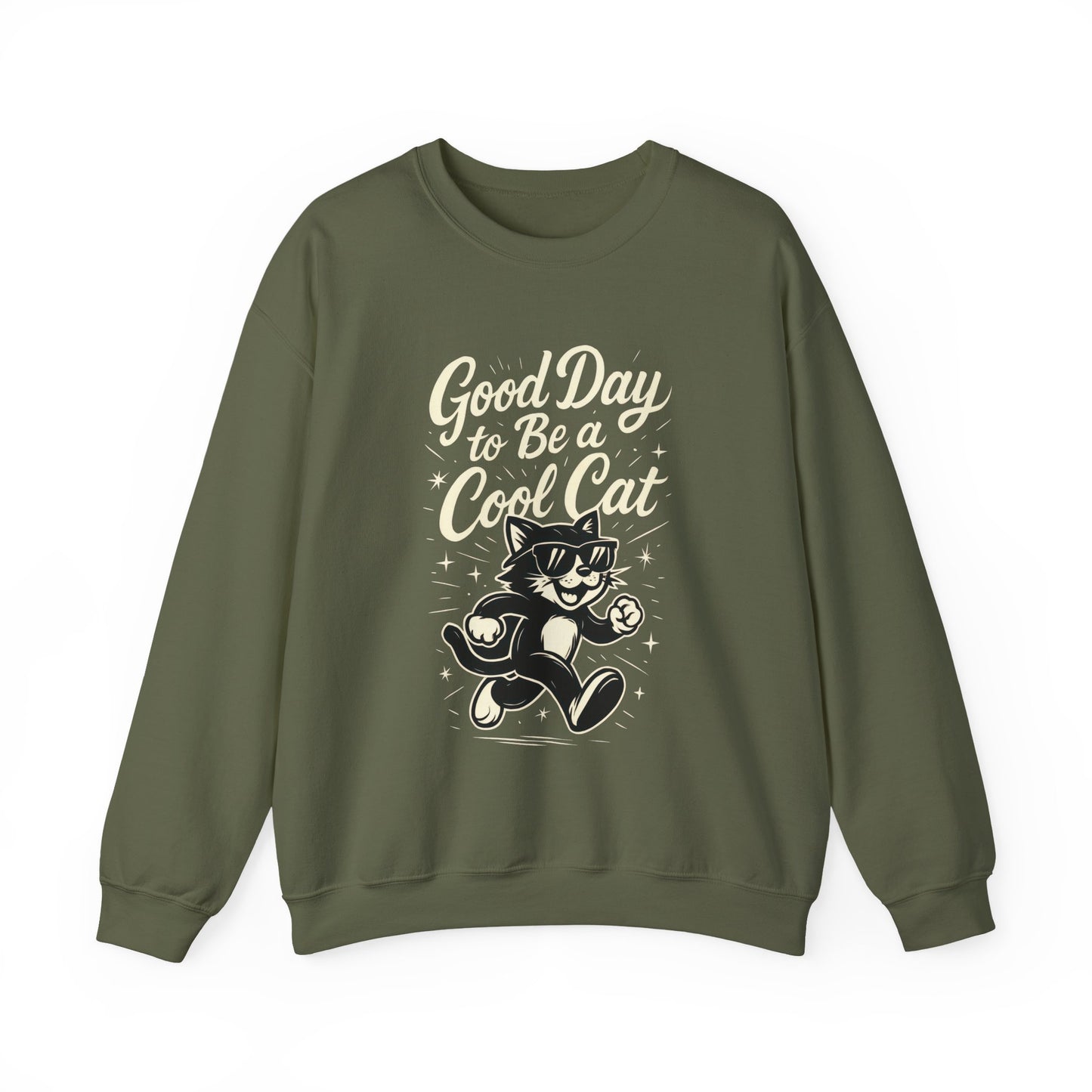 Funny Cool Cat Womens Crewneck Sweatshirt - Good Day to Be a Cool Cat Retro Kitty Pullover - Cute Cat Lover Sweater