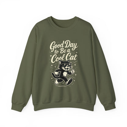 Funny Cool Cat Womens Crewneck Sweatshirt - Good Day to Be a Cool Cat Retro Kitty Pullover - Cute Cat Lover Sweater