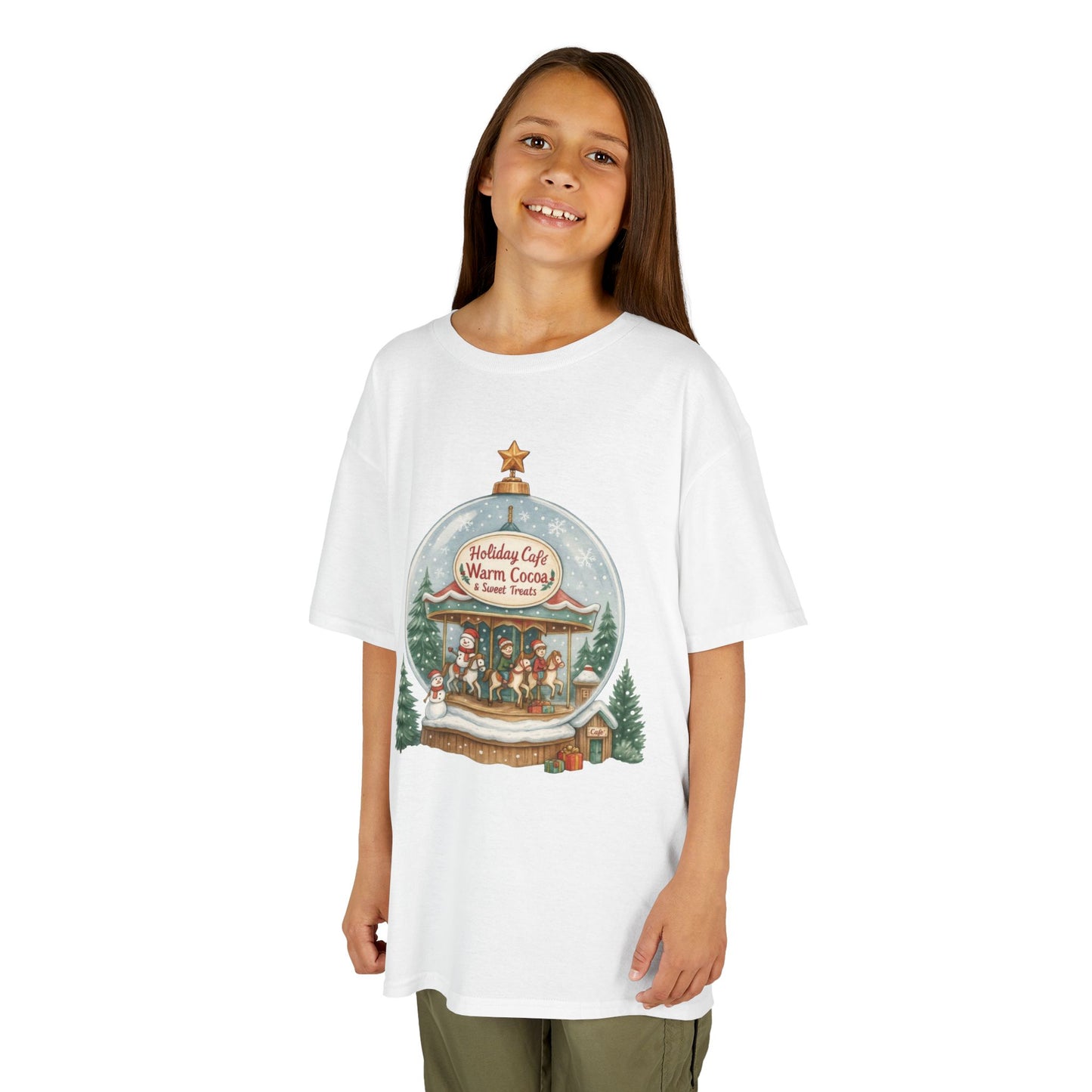 Youth Holiday Café Christmas T-Shirt, Warm Cocoa Carousel Kids Tee