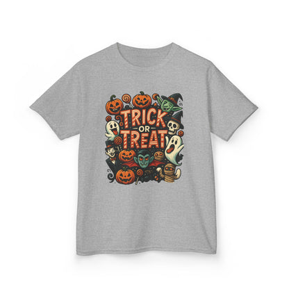Kids Trick or Treat T-Shirt, Halloween Graphic Tee with Pumpkins, Ghosts & Vampires, Fun Spooky Shirt for Children
