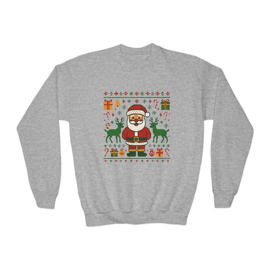 Kids Santa Christmas Shirt, Cute Knit Pattern Holiday  Sweatshirt, Youth Crewneck Sweatshirt