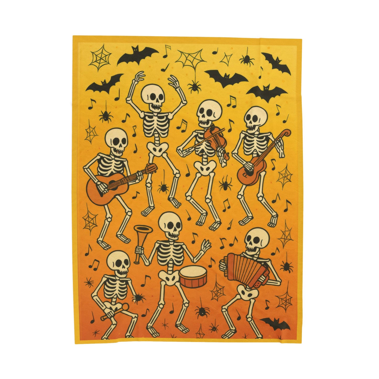 Dancing Skeleton Halloween Velveteen Plush Blanket, Funny Spooky Skeleton Band Throw Blanket, Cozy Fall Gothic Home Decor, Music Lover Gift