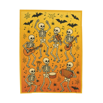 Dancing Skeleton Halloween Velveteen Plush Blanket, Funny Spooky Skeleton Band Throw Blanket, Cozy Fall Gothic Home Decor, Music Lover Gift