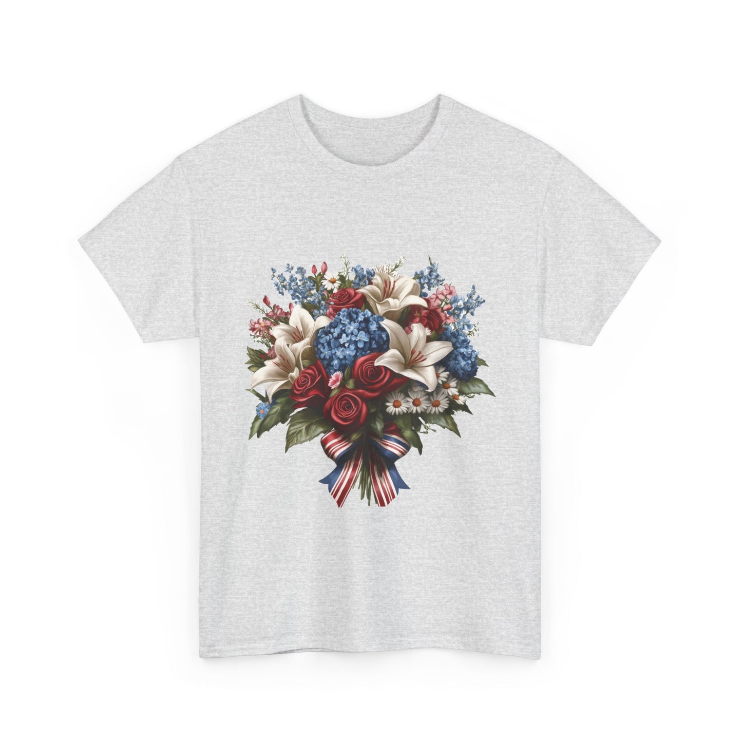 Patriotic Floral Bouquet T-Shirt, Red White Blue Flower Graphic Tee, USA Pride Shirt, Unisex Heavy Cotton Tee