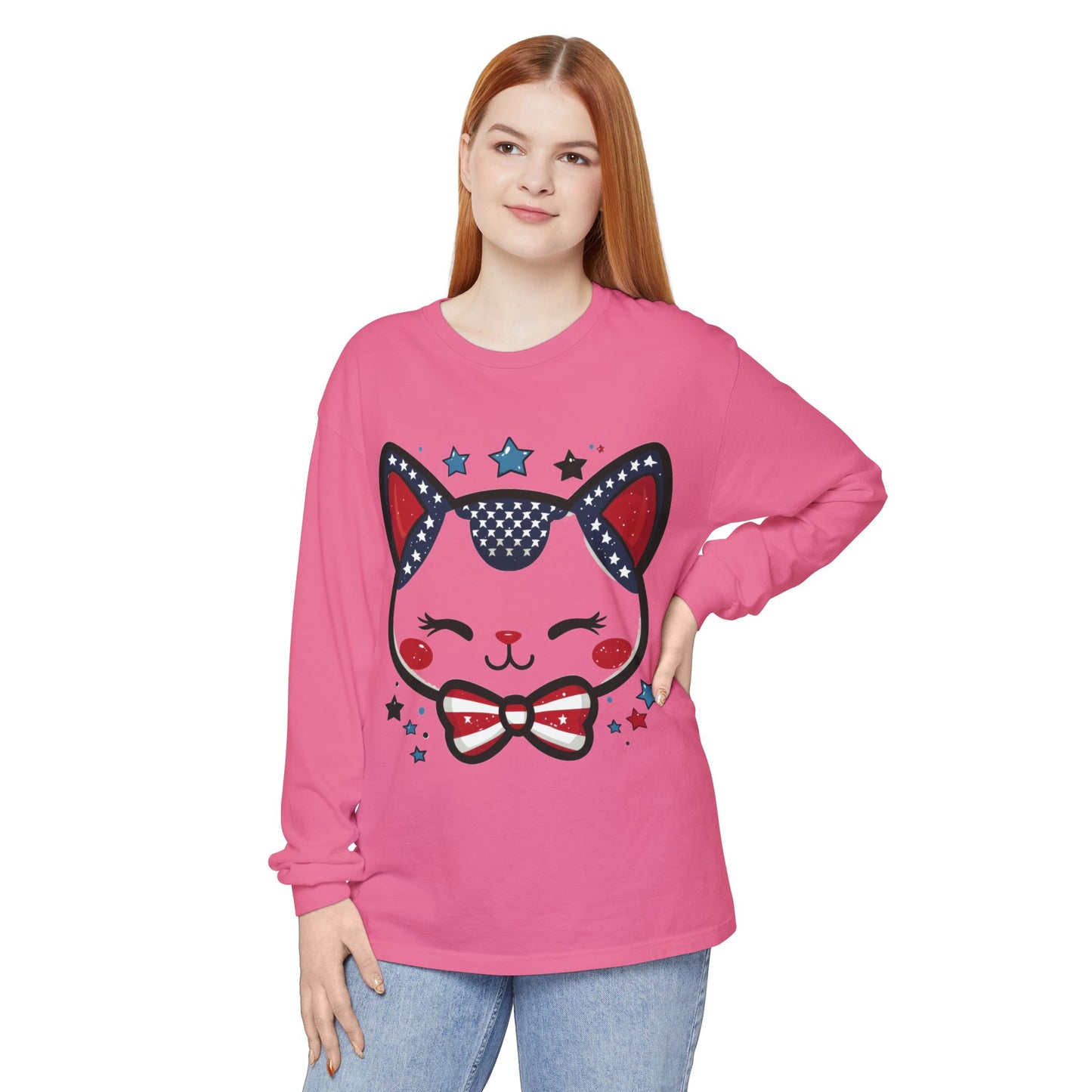 Cute Patriotic Cat Long Sleeve Women's T-Shirt, Fourth of July, Cat Lovers Gift, Casual Wear, Perfect for Holidays and Celebrations