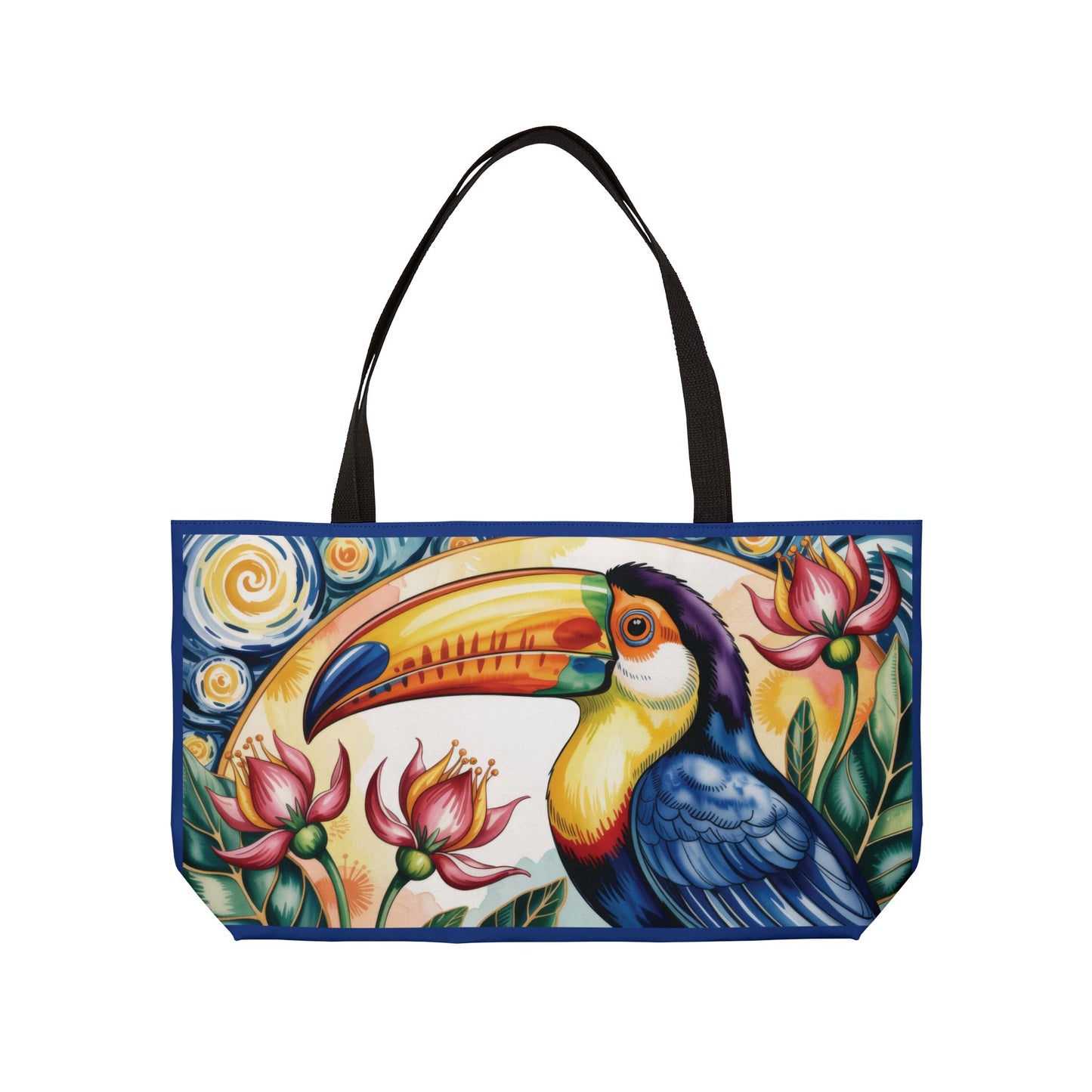 Tropical Toucan Weekender Tote Bag, Vibrant Tropical Weekend Tote with Flowers, Summer Vacation Bag, Large Canvas Bag for Pool & Beach