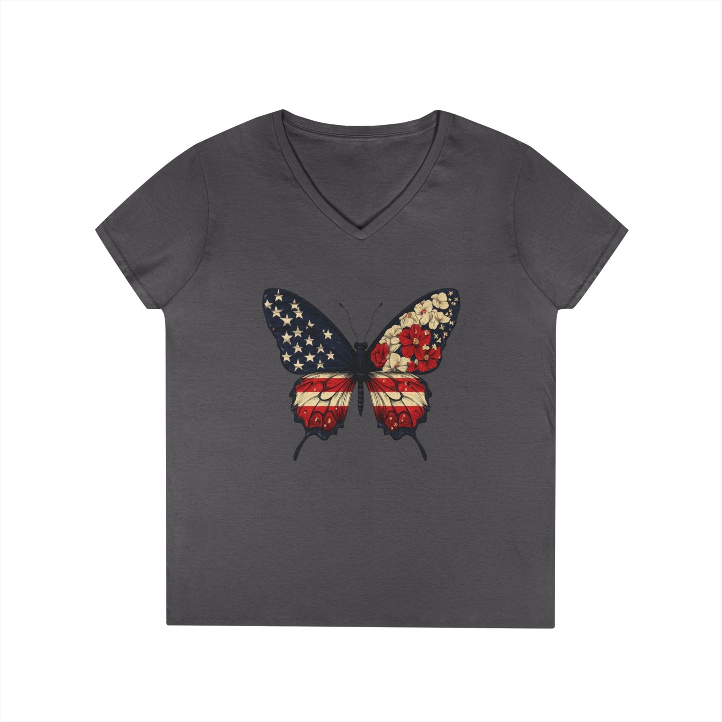 Patriotic Butterfly V-Neck T-Shirt, Summer Style, Gifts for Her, Independence Day, Casual Wear, Nature Lovers