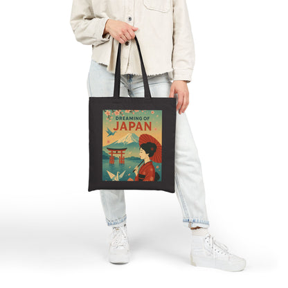 Dreaming of Japan Canvas Tote Bag, Eco-friendly Bag, Travel Tote, Gift for Travelers, Japanese Art Bag, Floral Design Bag