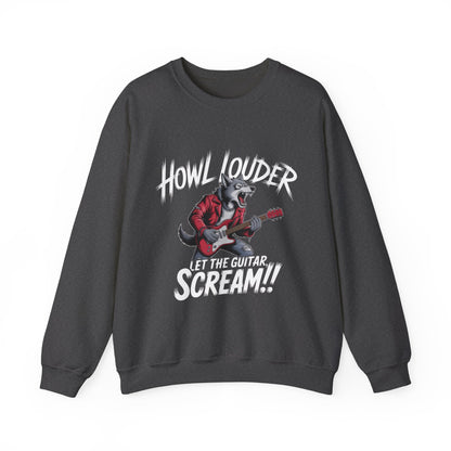 Howl Louder Wolf Sweatshirt, Let The Guitar Scream Pullover, Rock Guitar Animal Hoodie, Rocking Wolf Crewneck Sweatshirt, Music Lover Gift