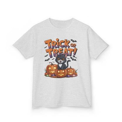 Girls Cute Black Cat Trick or Treat Halloween T-Shirt, Funny Pumpkin Cat Tee, Spooky Fall Shirt for Kids, Matching Family Halloween Shirts