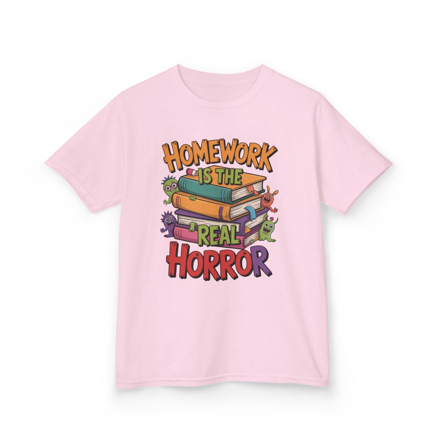 Kids Funny Homework Tee, Cute Monster School Shirt, Homework Is the Real Horror, Back to School Gift for Boys & Girls, Kids Halloween Tee