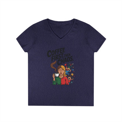 Coffee First Then Chaos V-Neck T-Shirt, Funny Mom Life Shirt, Mother's Day Gift, Mom Humor Tee, mom graphic tee, caffeine lover tee