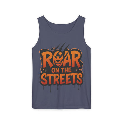 Mens Garment-Dyed Tank Top, Roar on the Streets Lion Graphic Mens Tank Top