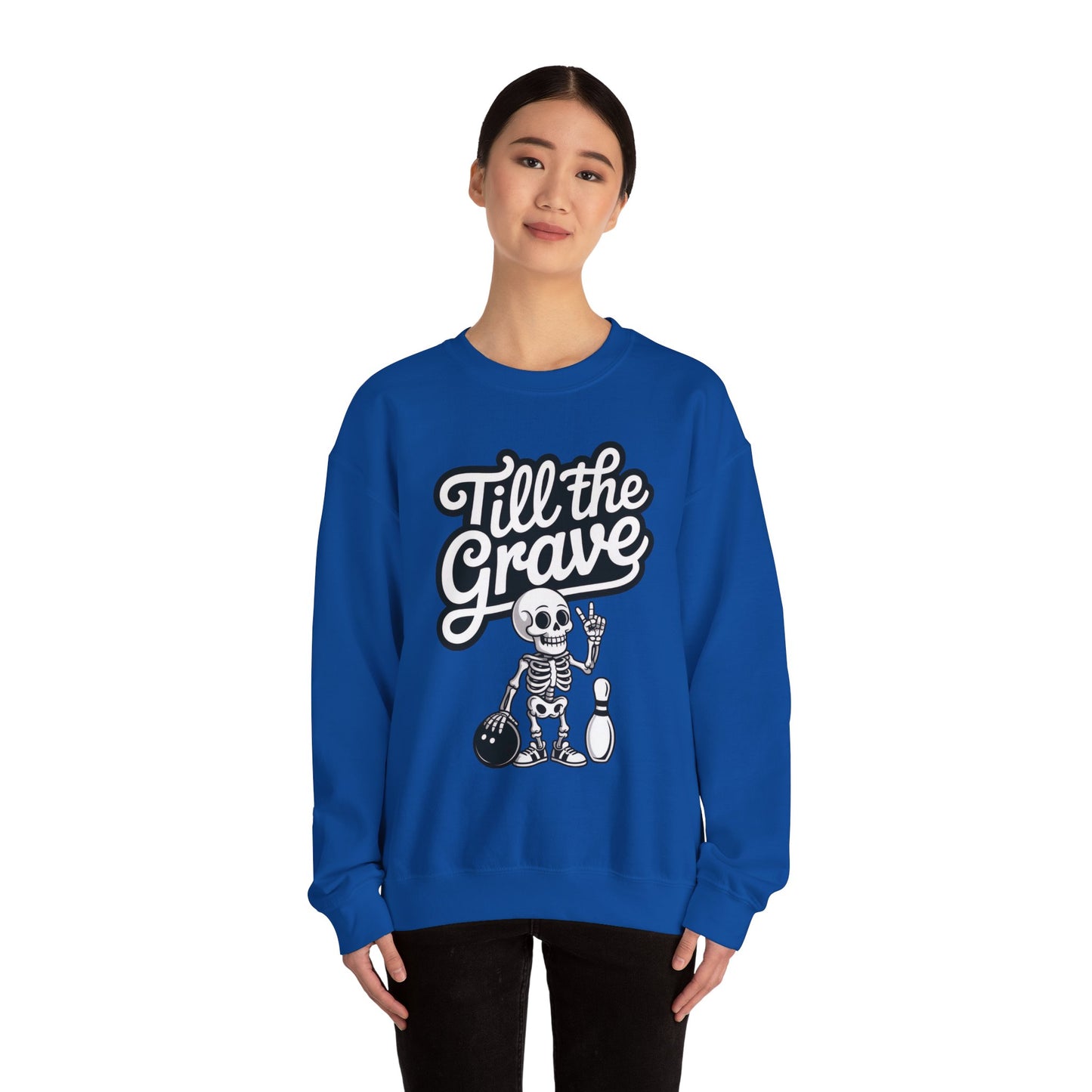 Funny Skeleton Bowling Sweatshirt, Womens Crewneck, Halloween Gift, Casual Wear, Till the Grave Sweatshirt, Bowling Lover Apparel