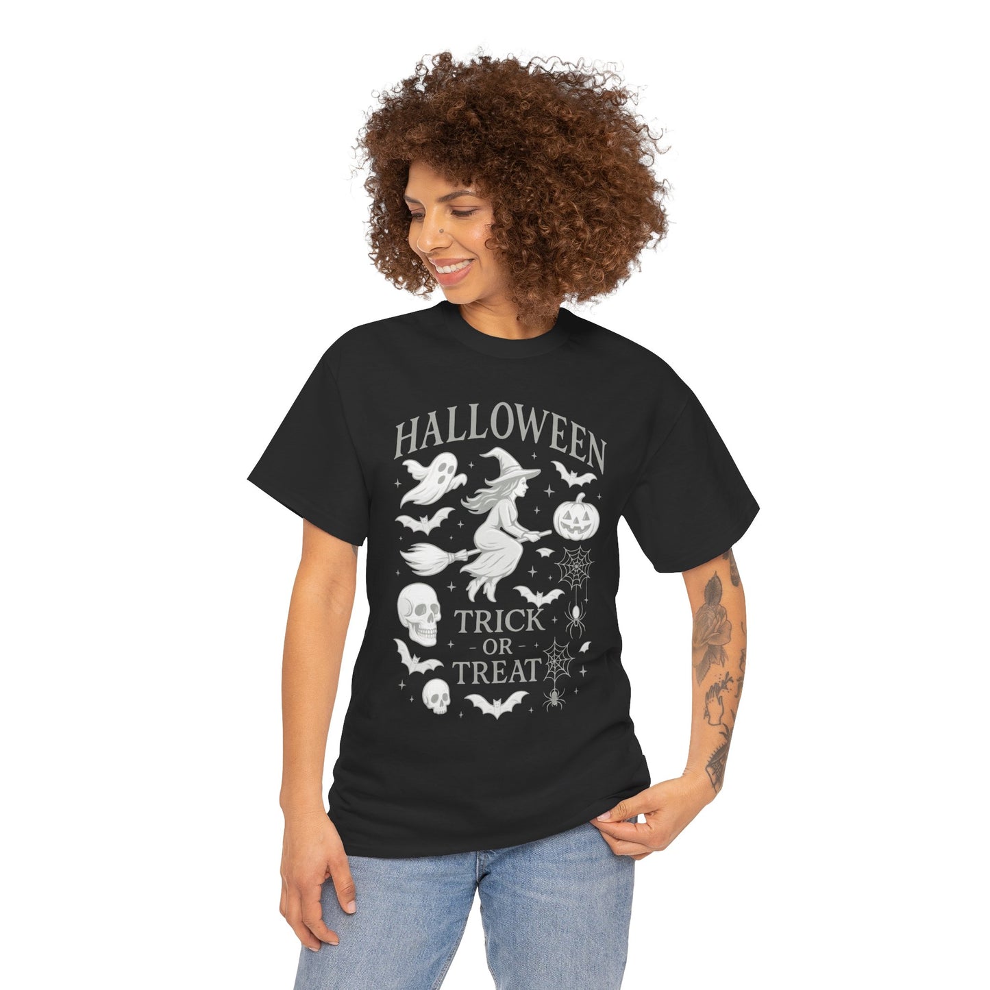 Halloween Witch Flying Broomstick T-Shirt, Trick or Treat Ghost Pumpkin Skull Spider Web Women's Tee
