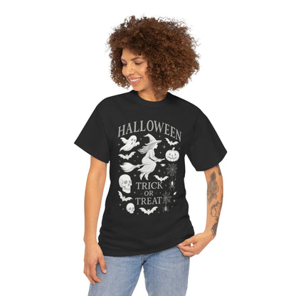 Halloween Witch Flying Broomstick T-Shirt, Trick or Treat Ghost Pumpkin Skull Spider Web Women's Tee