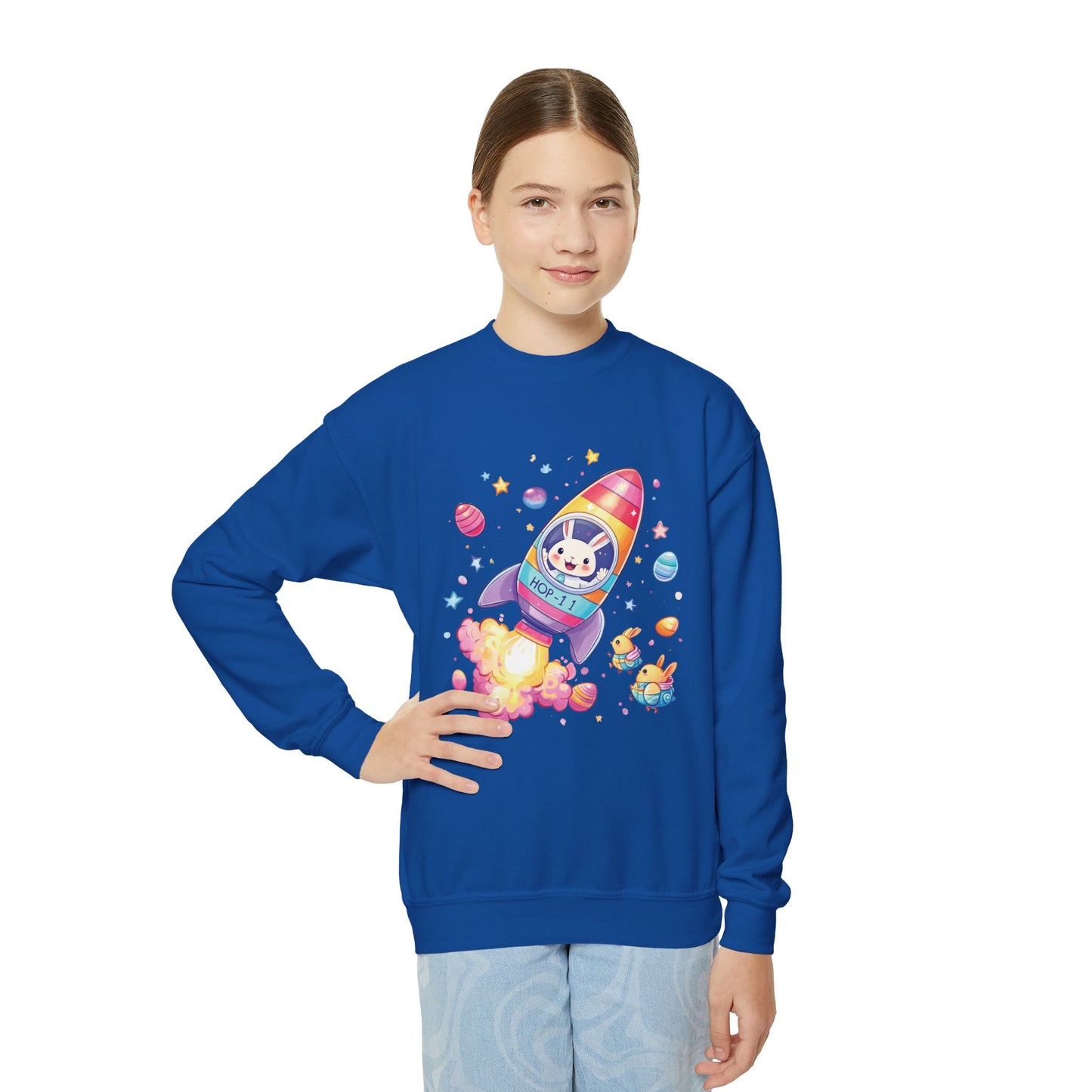 Astronaut Easter Bunny Youth Sweatshirt - Cute Rocket Bunny Design, Space Adventure Spring Shirt, Fun Holiday Gift for Kids