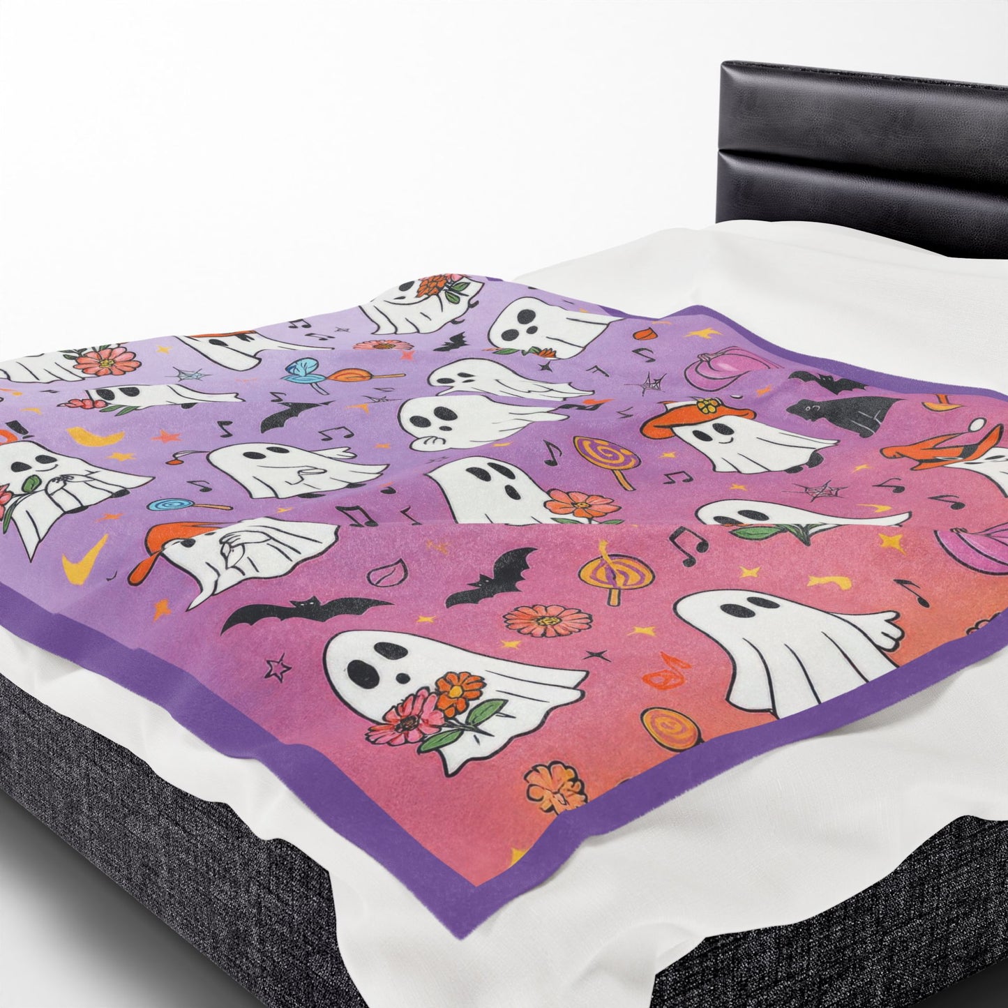 Cute Ghost Halloween Velveteen Plush Blanket for Kids, Purple Ghost and Candy Throw Blanket, Cozy Spooky Fall Blanket, Kawaii Boo Gift