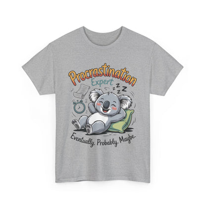 Procrastination Expert Cotton Tee, Funny T-Shirt, Cute Koala Design, Gift for Students, Relaxed Fit Shirt, Gift for Animal Lovers