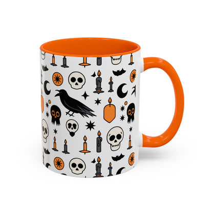 Gothic Halloween Mug, Skull, Candle - Raven Pattern Coffee Cup, Dark Aesthetic Spooky Gift for Her or Him, Accent Coffee Mug (11, 15oz)
