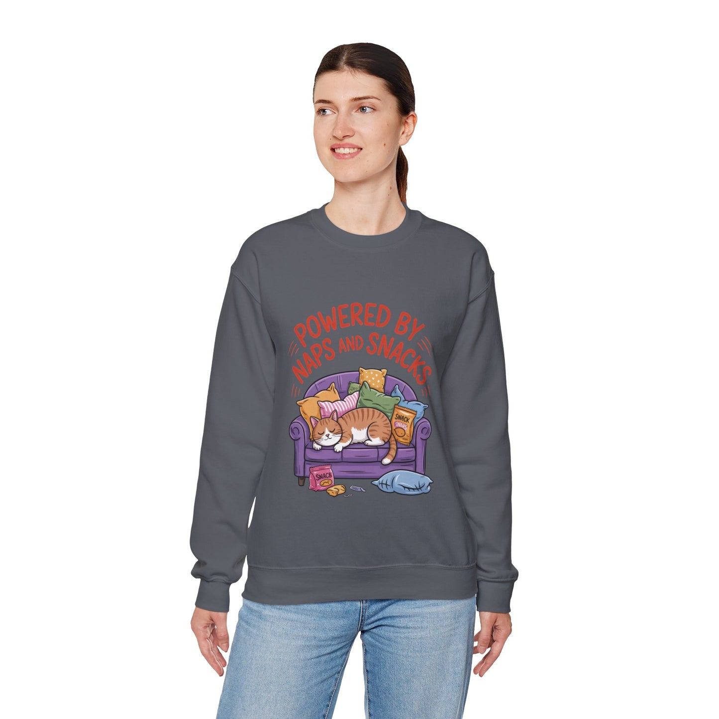 Powered by Naps and Snacks Sweatshirt, Cozy Lounge Crewneck, Gifts for Cat Lovers, Funny Cat Sweatshirt, Casual Everyday Wear
