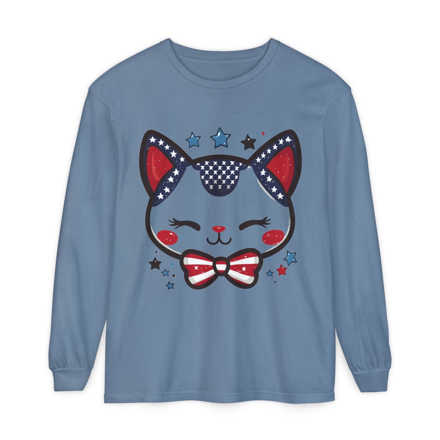 Cute Patriotic Cat Long Sleeve Women's T-Shirt, Fourth of July, Cat Lovers Gift, Casual Wear, Perfect for Holidays and Celebrations