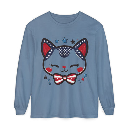 Cute Patriotic Cat Long Sleeve Women's T-Shirt, Fourth of July, Cat Lovers Gift, Casual Wear, Perfect for Holidays and Celebrations